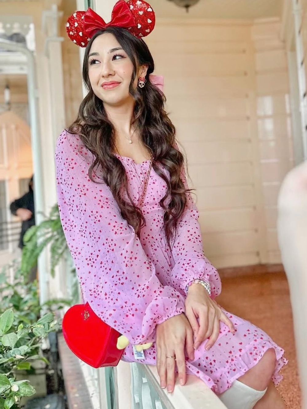 miami Pink Heart Print Long Sleeve Tiered Mini Dress